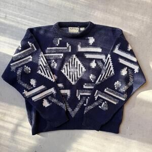 Vintage 90s MTO International Grandpa Geometric Knit Sweater Large Blue White